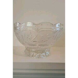 Vintage Etched Floral Scalloped Rim Heavy Crystal Glass Bowl with Pedestal 8in W